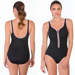 Reebok Zip Tied White Outline Shirred Front Scoop Neck One-Piece Swimsuit